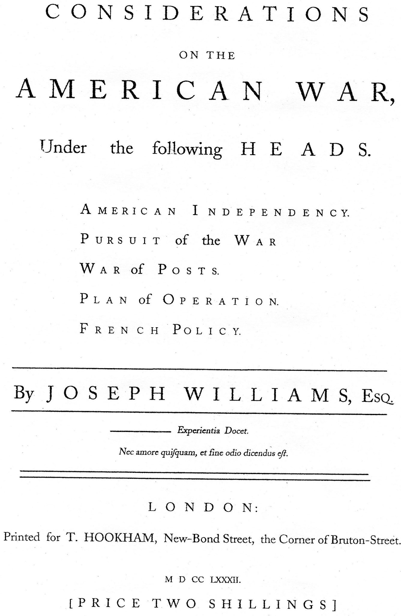 Considerations on the American War, by Joseph Williams, London, 1782