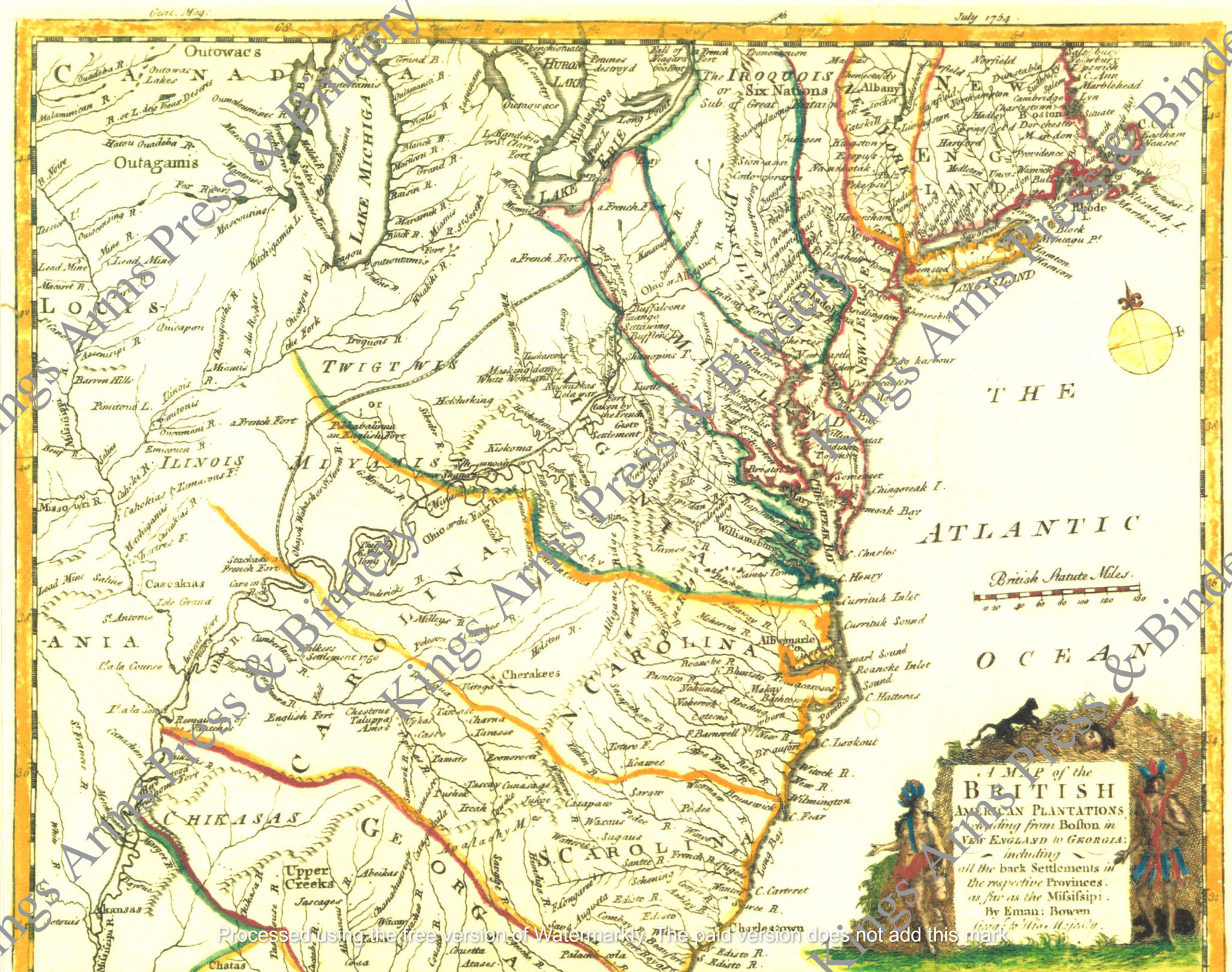 A map of the British American plantations, extending from Boston in New England to Georgia-including all the back settlements in the respective provinces as far as the Mississippi-1754